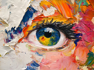 Fototapeta premium Brightly coloured abstract close up oil or acrylic painting of the eye, with visible brush and. palette knife strokes. Landscape aspect ration 125:93