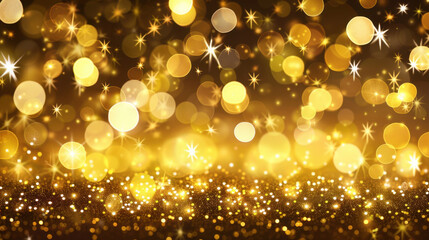 Golden bokeh background with sparkling lights and shimmering effects, creating festive and celebratory atmosphere. Perfect for holiday themes and special occasions