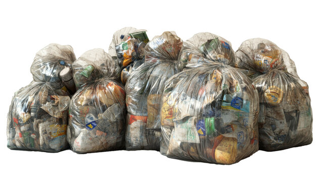 Transparent Garbage Bags Filled with Waste, Isolated on White Background for Environmental Projects