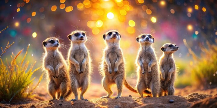 Suricati in Nature: Bokeh Effect Photography of Meerkats in a Serene Desert Landscape with Soft Focus and Vibrant Colors for Wildlife Lovers and Nature Enthusiasts