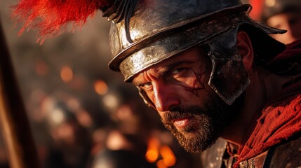 A passionate gladiator stirs emotions with his fierce expression, embodying the spirit of bravery and heroism in an intense battle atmosphere filled with warriors.