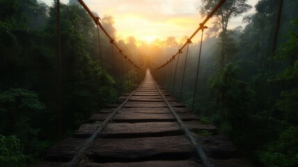 Obraz premium A breathtaking view of a suspended bridge invites exploration and adventure as it weaves through the lush greenery, showcasing nature's enchanting beauty.