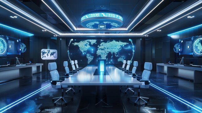 Futuristic Control Room Meeting, Global Network