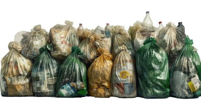 Transparent Garbage Bags Filled with Waste, Isolated on White Background for Environmental Projects