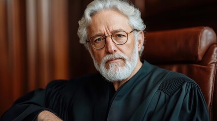 An elderly man in a judge's robe, exuding confidence and authority, is seated in a courtroom, symbolizing the robust nature of legal systems and wisdom.