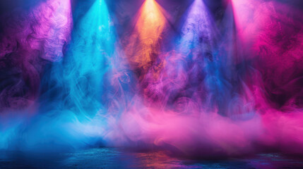 Fototapeta premium Vibrant stage lights illuminate smoky background in shades of blue, pink, and orange, creating dynamic atmosphere for performances