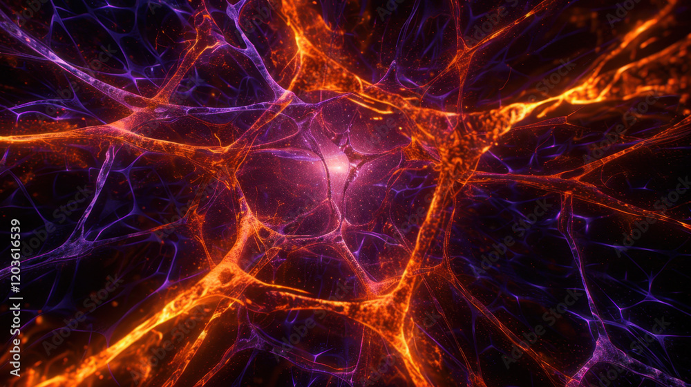 Poster vibrant abstract representation of neural connections, showcasing intricate patterns in orange and p