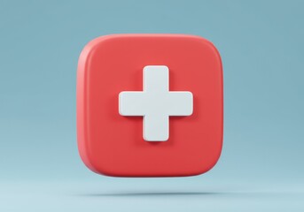 Fototapeta premium A 3D illustration of a medicine red signs with rounded edges and a white cross symbol in the center, set against a light blue background