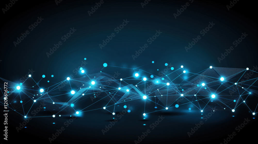 Poster abstract digital network with glowing blue nodes and connections, representing technology and data f