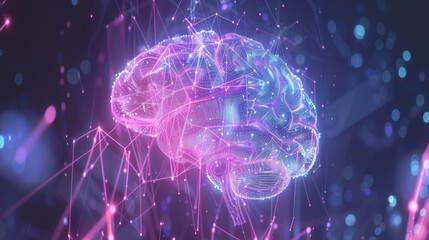 glowing digital brain surrounded by vibrant connections and particles, symbolizing technology and intelligence