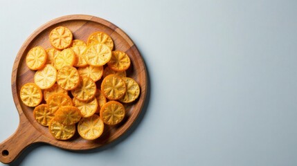 A delectable arrangement of crispy, golden-brown, round crackers with an embossed starburst pattern, artfully presented on a rustic wooden serving board against a light gray background.