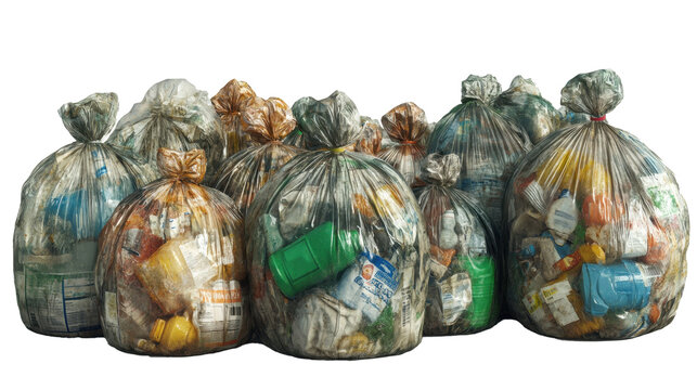 Transparent Garbage Bags Filled with Waste, Isolated on White Background for Environmental Projects