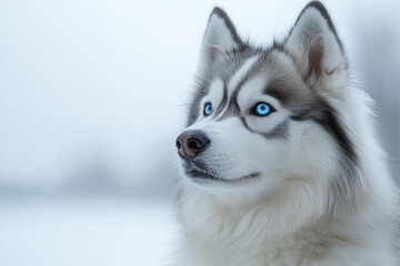 Close-up of a Siberian Husky with striking blue eyes against a snowy background