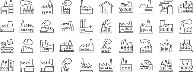Bundle of Factory Related Line Icons. Outline Signs for Graphic and Web Design, Apps, Adverts, Various Cards