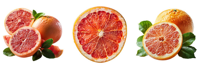 Closeup of halved and segmented grapefruits pack with vibrant red flesh transparent background