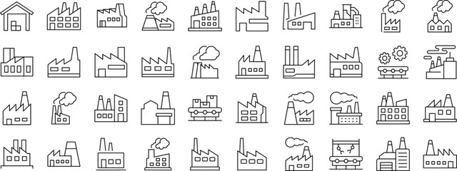 Factory Line Icon Pack. Outline Signs for Graphic and Web Design, Apps, Adverts, Various Cards