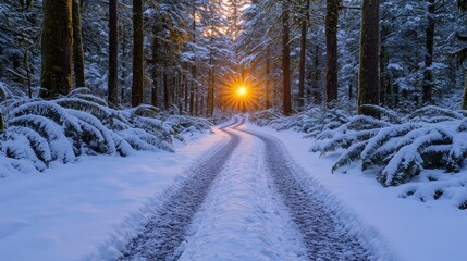 Obraz premium Snowy forest road sunset, winter landscape, nature scene, tranquil background, travel photography