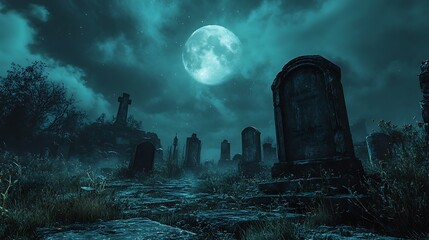 A creepy graveyard with old tombstones and a full moon in the background 