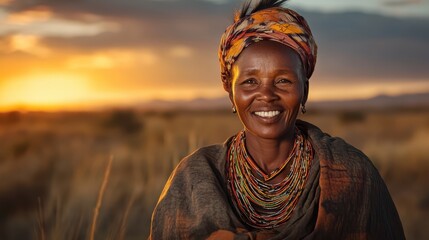 This image showcases a joyful woman in traditional attire smiling warmly, surrounded by a beautiful natural landscape, highlighting the bond between culture and nature.
