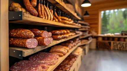 In this image, a rustic meat shop displays a variety of sausages and charcuterie on wooden shelves, capturing the essence of traditional butchery and craftsmanship.