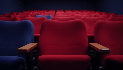 Obraz premium Luxurious Red Movie Theater Seats in a Dimly Lit Empty Cinema