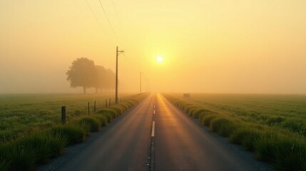 Serene Sunrise on a Misty Rural Road, Flanked by Verdant Fields and Silhouetted Trees
