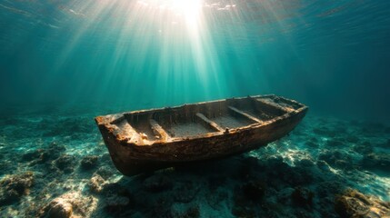 Obraz premium A mesmerizing view of a sunken wooden boat surrounded by marine life, with beautiful sunlight rays penetrating the water, creating an enchanting atmosphere.