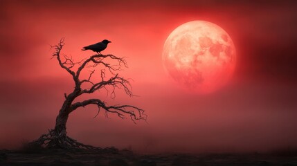 Featuring a solitary raven on a twisted tree branch, this image captures an atmospheric red moon that evokes solitude, mystery, and emotional depth, providing inspiration.