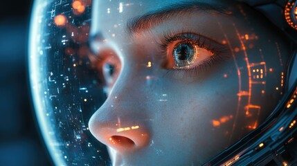 Close-up of female astronaut’s face with helmet visor reflecting stars, galaxies, and futuristic cityscape, cinematic sci-fi scene with hyper-realistic lighting