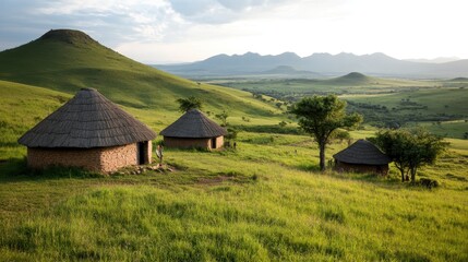 A serene landscape showcasing traditional huts scattered across lush green hills, with mountains in the background, symbolizing a deep connection with nature and rural life.