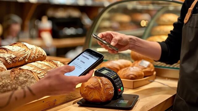 This video showcases a bustling bakery. A customer pays with their phone while selecting artisan bread. It highlights convenience and the fusion of technology with food. Generative AI
