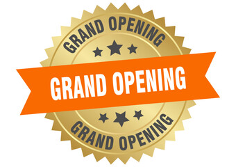 Obraz premium grand opening. grand opening round orange and gold label isolated on transparent background