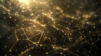 Abstract golden background with glowing particles and lines, creating sense of depth and movement. Perfect for technology or digital themes