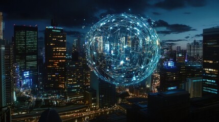 Luminous Floating AI Sphere in a Night Sky, Representing Consciousness with Swirling Data Streams Over a Futuristic Cityscape and Digital Backdrop