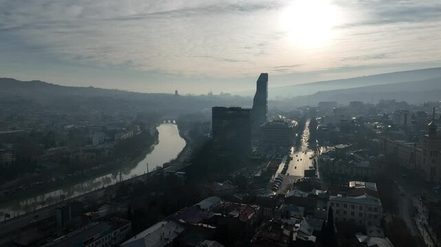 Tbilisi, Georgia - January 13 2025: Flying over Shota Rustaveli avenue in the center of city