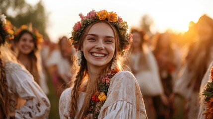 A joyful young woman adorned with a floral crown, radiating happiness, amidst a vibrant gathering of people celebrating in the warm glow of sunset.