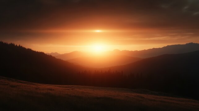 A breathtaking view of a glorious sunset illuminating the misty mountains, creating a tranquil atmosphere filled with nature's beauty and serenity.