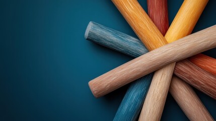 A vibrant arrangement of colored cylinders on a deep blue background showcases the interplay of colors, shapes, and textures, evoking a sense of curiosity and creativity.