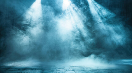 Mysterious fog fills stage, illuminated by dramatic blue lights, creating atmospheric scene perfect for performances or events