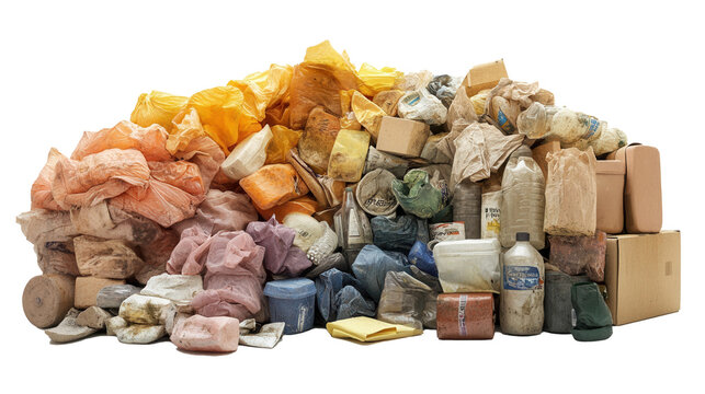 Transparent Garbage Bags Filled with Waste, Isolated on White Background for Environmental Projects