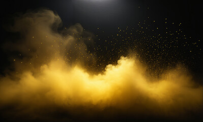   A mesmerizing scene of golden yellow fog illuminated from within against a pitch-black canvas, with glowing particles and subtle light rays that create a highly detailed and intricate inte