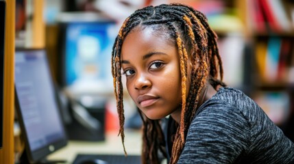 Young woman engaged in a call center environment, focused on verifying patient identity while handling inquiries in a professional setting with balanced overhead lighting