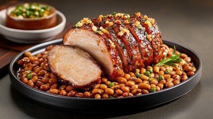 The dish features tender slices of succulent roast pork served on a bed of flavorful beans, creating a mouthwatering and satisfying meal.