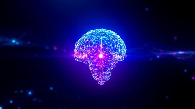  glowing intricately designed brain made of interconnected lines and nodes. The camera glides forward make a hi tech animation