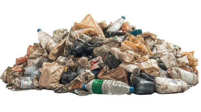 Transparent Garbage Bags Filled with Waste, Isolated on White Background for Environmental Projects