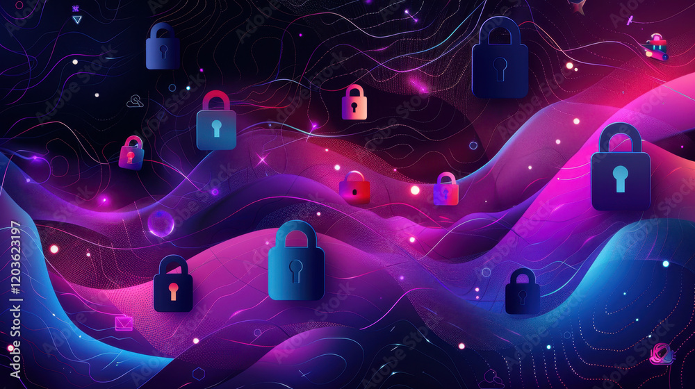 Poster secure digital locks on vibrant abstract background with waves and patterns, symbolizing cybersecuri