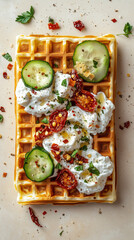 Savory breakfast idea. Waffles with Greek yogurt, dried tomatoes and cucumbers. Healthy balanced food recipe