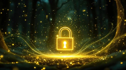 Glowing padlock in magical forest. Concept of digital security, data protection, and online safety