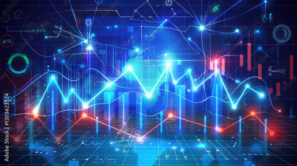 Poster digital data visualization with glowing graphs and charts