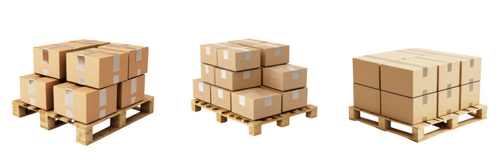 A Set of Small Cardboard Boxes on Wooden Palette for Neat and Organized Storage Isolated on Transparent Background